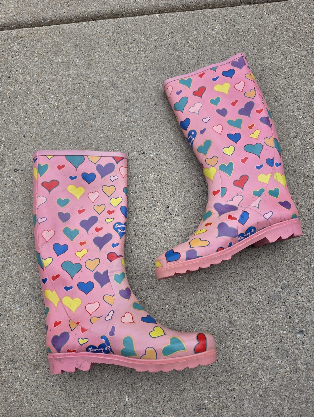 Vtg Dooney & Bourke Pink Multi Color Hearts Rare Y2K Rain Boots Women 8